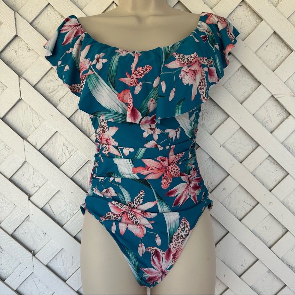 La Blanca Floral Ruffle Off-Shoulder Ruched Lace-Up One Piece Swimsuit size 2/4